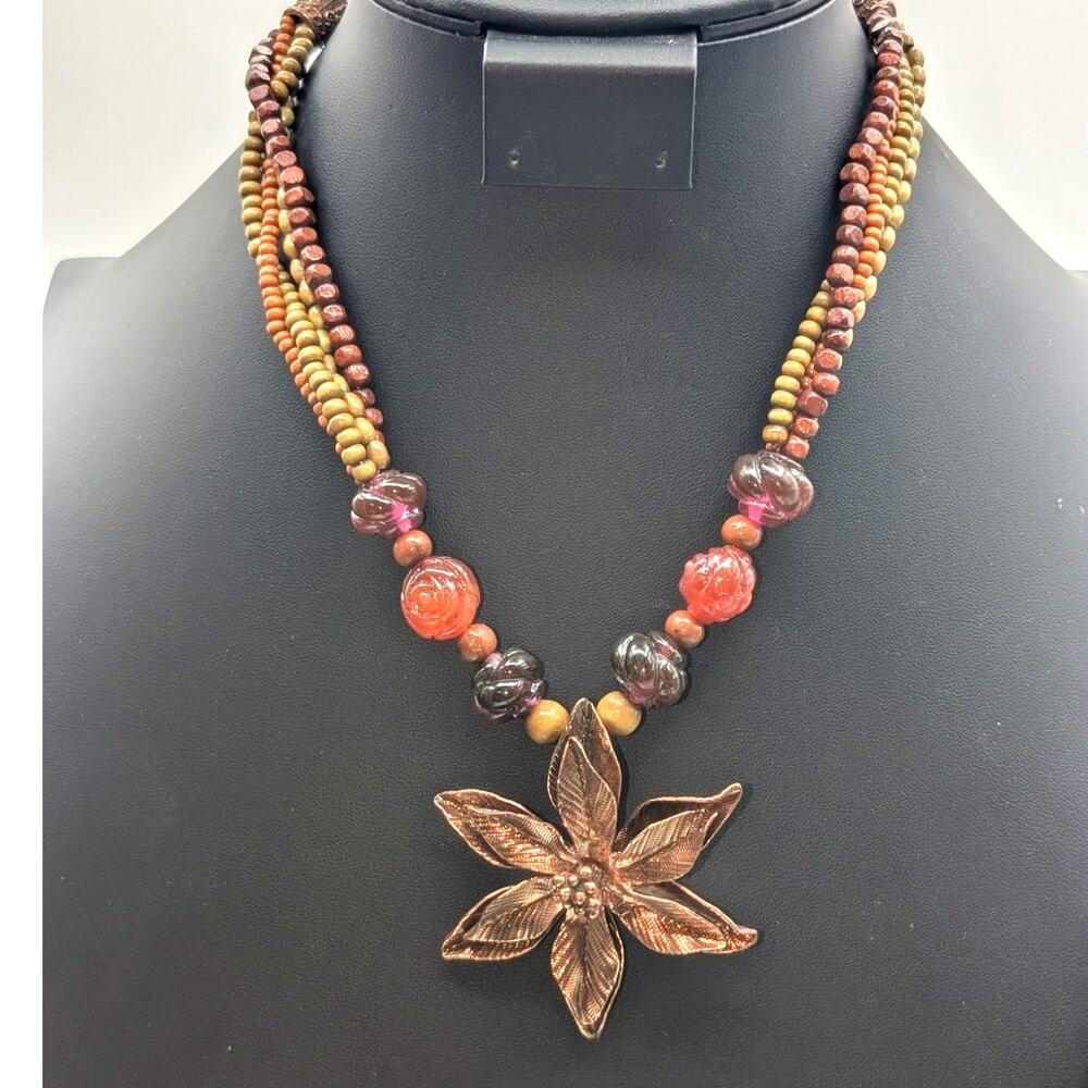 Vtg Cookie Lee Bronze Metal Floral Flower Seed Bead Pendant Statement Necklace